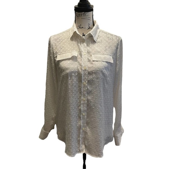 Banana Republic Tops - Banana Republic Button Down Shirt White Ivory Petite Size Small Sheer Polka Dot